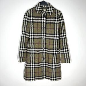 Burberry Sz 2 Wool Nova Check Button Front Jacket Mid Length Green